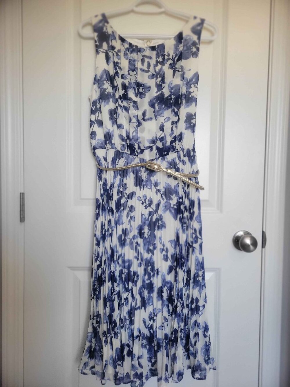ELIZA J white and blue floral dress with gold belt, womens